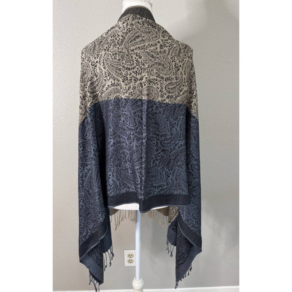 100% Pashmina Paisley Shawl Wrap Scarf Blue Cream Fringe Boho 27x68